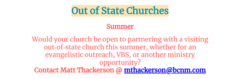 Out of State Churches Opportunities